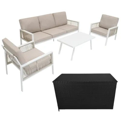 Image of MonsterShop Aluminium 4 Piece Sofa Set with Black Rattan Storage Box White