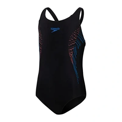 Image of Speedo Junior Girl&#039;s Plastisol Placement Muscleback Swimsuit, Black/Siren Red/Blue Flame, 5 6 Years