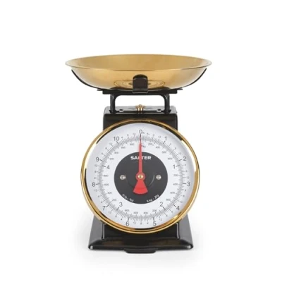 Image of Salter Timeless Kitchen Scale Mechanical Baking Scale, 5kg/11lbs, 1 Litre Stainless Steel Bowl, 20g/1lbs Increments, Easy Read Large Dial Digits, 25cm Height. No Batteries Needed, Black/Gold