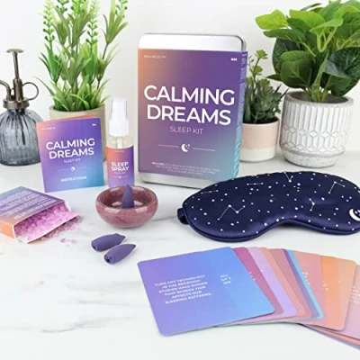 Image of Gift Republic Calming Dreams Sleep Kit Wellness Tin Eye Mask Spray Bath Salts Incense Cones &amp; Dish Cards