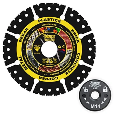 Image of SabreCut VB125MUGRA 125mm (5&quot;) x 22.23mm Bore Vacuum Brazed Multi Material Cutting Angle Grinder Diamond Disc Blade &amp; 46mm M14 Quick Change Heavy Duty Locking Retaining Flange Nut Kit