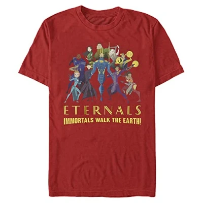 Image of Marvel The Eternals Group Shot Organic Short Sleeve T Shirt, Red, M
