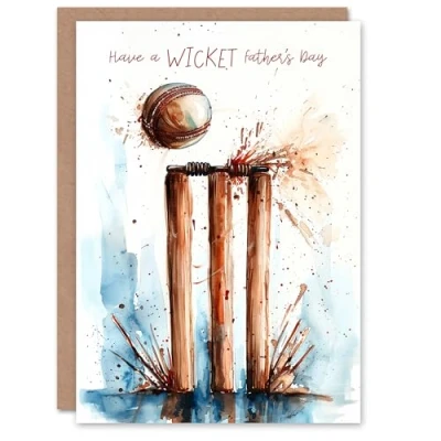 Image of Artery8 Father&#039;s Day Card Cricket Wicket Dad Joke Pun Watercolour For Him Man Male Brother Son Papa Grandad Greeting
