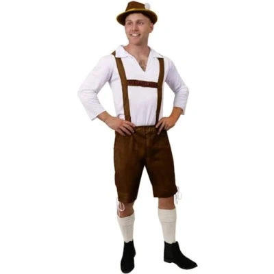 Image of Mens Bavarian Costume Medium Brown Lederhosen Style Trousers with traditional White shirt Oktoberfest Fancy Dress