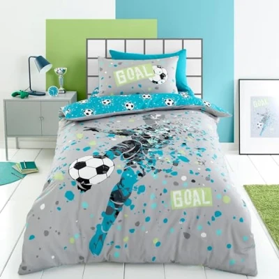 Image of Bedding Bedlam Blue Aqua Football Duvet Cover Double Size (200 x 200cm) Reversible (2 Designs) Themed Bedroom Accessories Soccer