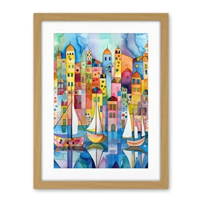 Image of Artery8 Modern Marina Colourful Cityscape Pattern Folk Art Watercolour Painting Artwork Framed Wall Print 18X24 Inch