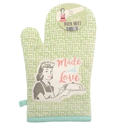 Image of Vintage Style 100% Cotton Made with Love Single Kitchen Oven Mitt Glove Green (33 x 17cm)
