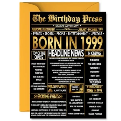 Image of Gold 26th Birthday Card for Men Women Black &amp; Golden Newspaper Born in 1999 Happy 26 Cards Cousin Uncle Niece Auntie Husband Friend, 5x7 Inch Bday Greeting