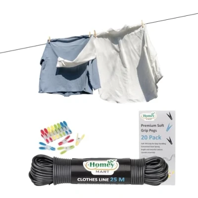 Image of 25m Washing line Rope Strong Steel Core 3.5mm thickness Indoor Outdoor Weather Resistant PVC Laundry Clothes Grey &amp; Set of 20 Premium Soft Grip Pegs Assorted Bright Colours