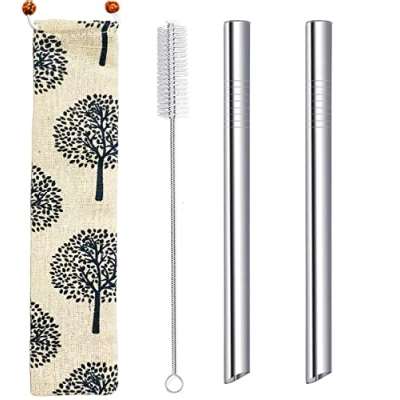 Image of Stainless Steel Boba Straws Extra Wide 12mm Reusable Metal Drinking for Bubble Tea Smoothie Milkshake Jumbo with Carry Bag Cleaner Brush, Sharp Angled Tip Design Silver 2PCS