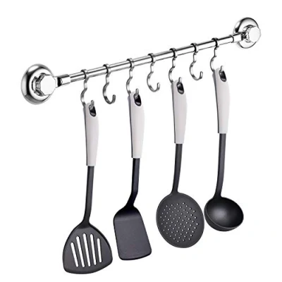 Image of MaxHold No Drilling/Suction Cup Utensil Rack with 7 Hooks Vacuum System Stainless Steel Never Rust for Bathroom &amp; Kitchen