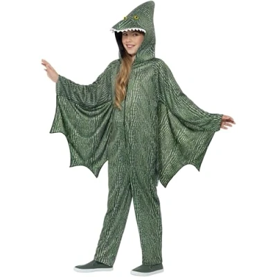 Image of Smiffys Pterodactyl Dinosaur Costume, Green with Hooded Jumpsuit &amp; Attached Wings, Children&#039;s Animal Fancy Dress, Dress Up Costumes