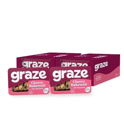 Image of Graze Cherry bakewell Oat Flapjacks, Vegetarian Snacks, 3 Bars per Punnet, Whole Oats &amp; Natural Flavours Packaging may vary (18 x 50g Snacks)(Cherry Bakewell)