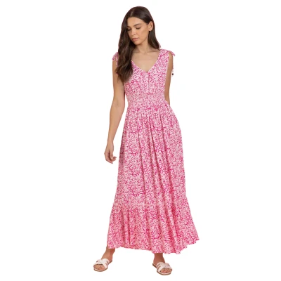 Image of Roman Originals Women Shirred Waist Dress Ladies Spring Everyday Summer Holiday V Neckline Comfy 3/4 Sleeve Soft Tassle Detail Frock Vacation Gowns Fuchsia Size 12