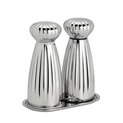Image of Robert Welch Palm Bright Medium Salt &amp; Pepper Mill Set with Tray. Made from Stainless Steel. 25 Year Guarantee.