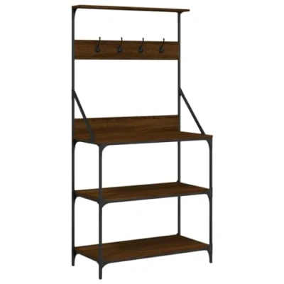 Image of vidaXL 4 Tier Baker&#039;s Rack with Hooks Brown Oak Engineered Wood and Metal Kitchen Storage Solution
