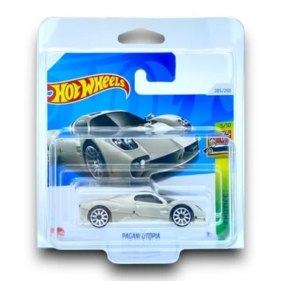 Image of Hot Wheels Pagani Utopia (Metallic Off White) 5/10 HW Exotics 2024 205/250 (Short Card) includes a KLAS Car Keeper Protector Case HRY83