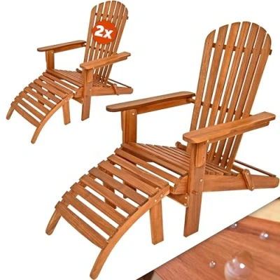 Image of CASARIA® 2x Adirondack Wooden Sun Loungers with Footrests Weatherproof Acacia Wood Deckchair Foldable Garden Furniture Armrests High Backrest 160kg Capacity Ergonomic Patio Chair