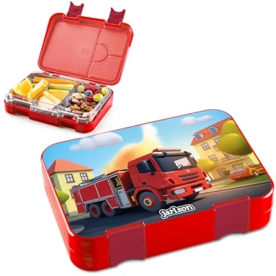 Image of Jarlson® Children&#039;s Lunch Box with Compartments Toni Bento Leak Proof for Nursery and School Girls Boys Snack (Fire Truck)