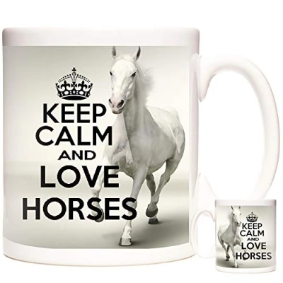 Image of Horse Gift Mug, Keep Calm and Love Horses. Images of White Horses on an 11oz Ceramic Mug.