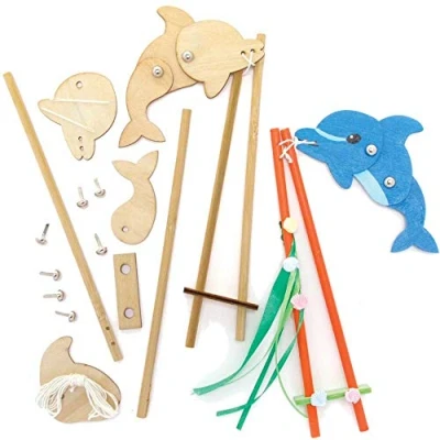 Image of Baker Ross FE237 Diving Dolphin Wooden Puppet Pack of 3, Crafts for Children to Decorate and Display, Kids Educational Activity