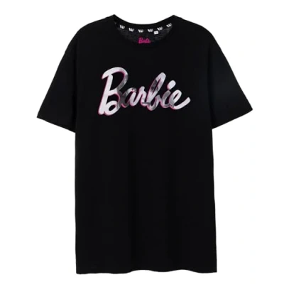 Image of Barbie Womens Short Sleeve T Shirt Ladies Doll Classic Pink Logo in Black Graphic Tee Oversized Apparel Top Fashion Movie Daywear Gift for Adults