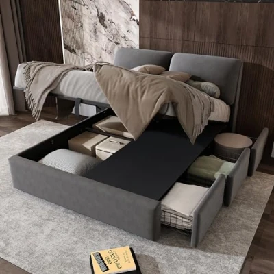 Image of ModernLuxe 4FT6 Double Bed, Upholstered Bed Frame with Hydraulic Storage, Ottoman 3 Drawers, Slatted Headboard, Storage without Mattress, Velvet, Grey, 135x190cm