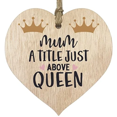 Image of Birthday Heart Gifts from Daughter Son Mum A Title Just Above Queen Best Presents for Mum, Mothers Day Hanging Wooden Sign Plaque Gift Light Wood Hearts
