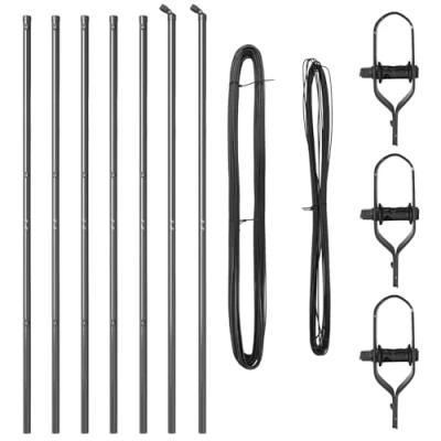 Image of vidaxl grey metal fence posts set 200 cm tall garden stakes with tension wires, powder coated galvanized steel rods, includes angle &amp; caps