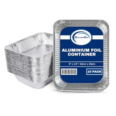 Image of CaterCo Large Aluminium Foil Trays 32 X 26 cm (10 Pack) Disposable Tin Containers for Baking, Cooking, Roasting, Broiling Half Size Gastronome Food Storage Deep Container 10 Pack