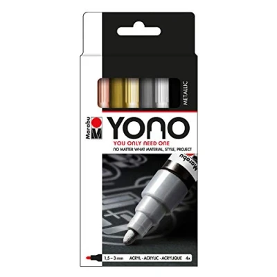 Image of Marabu Yono Marker Pen, Bullet Tip, (1.5 3mm), Rose Gold, Silver, Black, (734, 084, 082, 073), Pack Of 4, Works On Any Surface, Metal, Glass, Wood, Fabric, Stone, Plastic, Cardboard