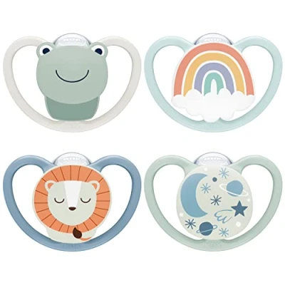 Image of NUK Space Day &amp; Night Baby Dummy 0 6 Months Glow in the Dark Soothers with Extra Ventilation for Sensitive Skin BPA Free Silicone Frog Lion 4 Count