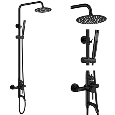 Image of Aolemi Matte Black Outdoor Shower Faucet SUS304 Stainless Steel Fixture 8 Inch Rainfall Head System with Bathroom Handheld and Tub Spout Set