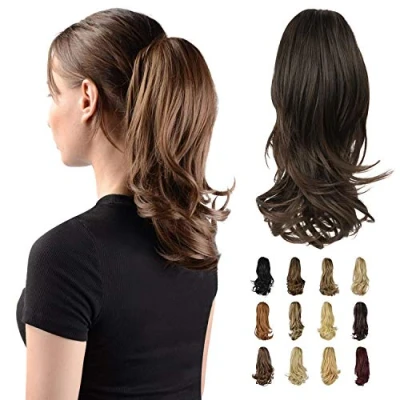 Image of Sofeiyan 13&quot; Ponytail Extension Long Curly Clip in Claw Hair Natural Looking Synthetic Hairpiece for Women,Black/Medium Chestnut Brown Mix