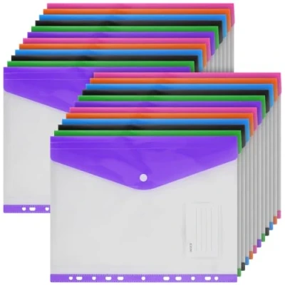 Image of 24 PCS Punched Pockets Plastic Wallets, YUENPUN A4 Coloured Clear Pockets, Folders Popper Binder Folder with Document Wallets for Home, Office, School