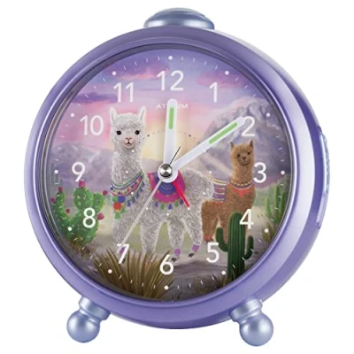 Image of Atrium Livi &amp; Pedro A932 8 Children&#039;s Alarm Clock Girls Alpaca Llama Purple Lilac Analogue Quartz without Ticking with Light and Snooze