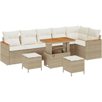 Image of vidaXL 9 Piece Garden Sofa Set with Cushions Beige Poly Rattan Acacia
