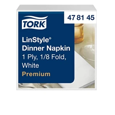 Image of Tork 478145 Premium Linstyle White Dinner Napkin 1/8 Folded / 1 Ply Absorbent Unprinted Serviette in 12 x 50 Sheets (WxL: 9.8cm 19.5cm)