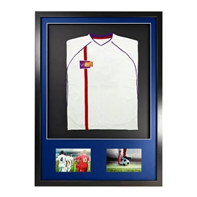 Image of Vivarti DIY Infant 3D Mounted + Double Aperture Sports Shirt Display Frame for Football Shirt, Rugby Band T Shadow Box 50x 70cm Black Frame, Blue Mount, Backing Card