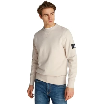 Image of Calvin Klein Jeans Badge CREW NECK Sweatshirt, Men&#039;s, Size: Small, Oatmeal
