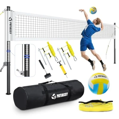 Image of Patiassy Portable Professional Outdoor Volleyball Net Set with Adjustable Height Aluminum Poles, Winch System, Pump and Carrying Bag for Backyard Beach (White)