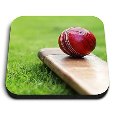 Image of 1 x Square MDF Fridge Magnet Cricket Bat Red Ball Sports Men Boys 8267