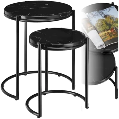 Image of TecTake® Set of 2 Marble Coffee Tables in Round Design, Nesting with Robust Tops &amp; Sturdy Steel Frames, Height Adjustable Side Table for Living Room, Bedroom Hallway Black