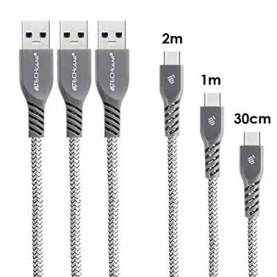 Image of TECHGEAR 3 Pack STRONG Durable Braided USB C Charging &amp; Data Sync Cables (30cm/1m/2m) Compatible with Samsung Tab S6 Lite, A9 Plus / A8 A7 S9 S8 S7 Plus/Ultra, Active 4 5 Pro Silver
