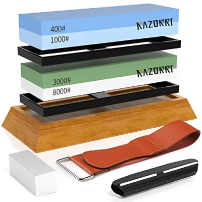 Image of Razorri Solido 2 in 1 Knife Sharpening Stone Set Whetstone Knifesharpener Sides Grit 400/1000, 3000/8000, with Bambu Non Slip Base &amp; Angle Guide 18 x 6 3 cm
