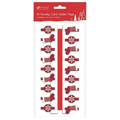 Image of 18 x Wooden Novelty Red Snowflake &amp; Stocking Christmas Card Holder Pegs 2 Metres of Ribbon