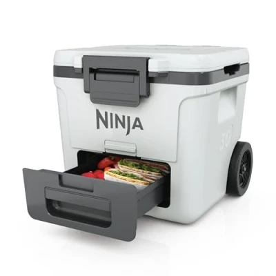 Image of Ninja FrostVault Heavy Duty Insulated Cool Box, Wheeled Premium Cooler with Dry Zone Integrated Fridge Temp Storage Drawer, Keeps Ice for Days, Fits up to 48 Cans, Cloud White, FB230UKWH