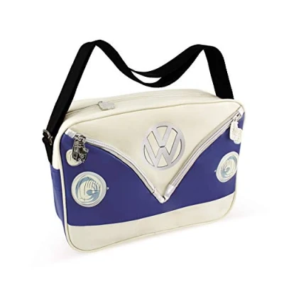 Image of BRISA VW Collection Volkswagen Shoulder Travel Messenger Bag with T1 Bus Campervan Motif (Bus Front/Blue)