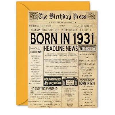 Image of 94th Birthday Card for Women Men Bday Press Newspaper 1931 Happy 94 Cards Dad Wife Husband Nan Grandad Uncle, 5x7 Inch Greeting
