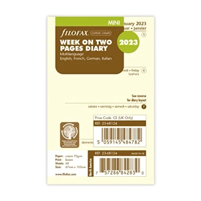 Image of Filofax Mini week on two pages 4 language cotton cream 2023 diary